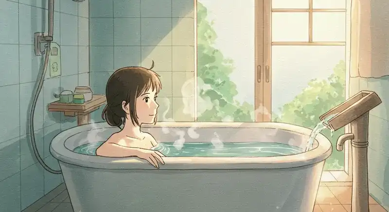 明るい浴室で長風呂を楽しむ若い女性